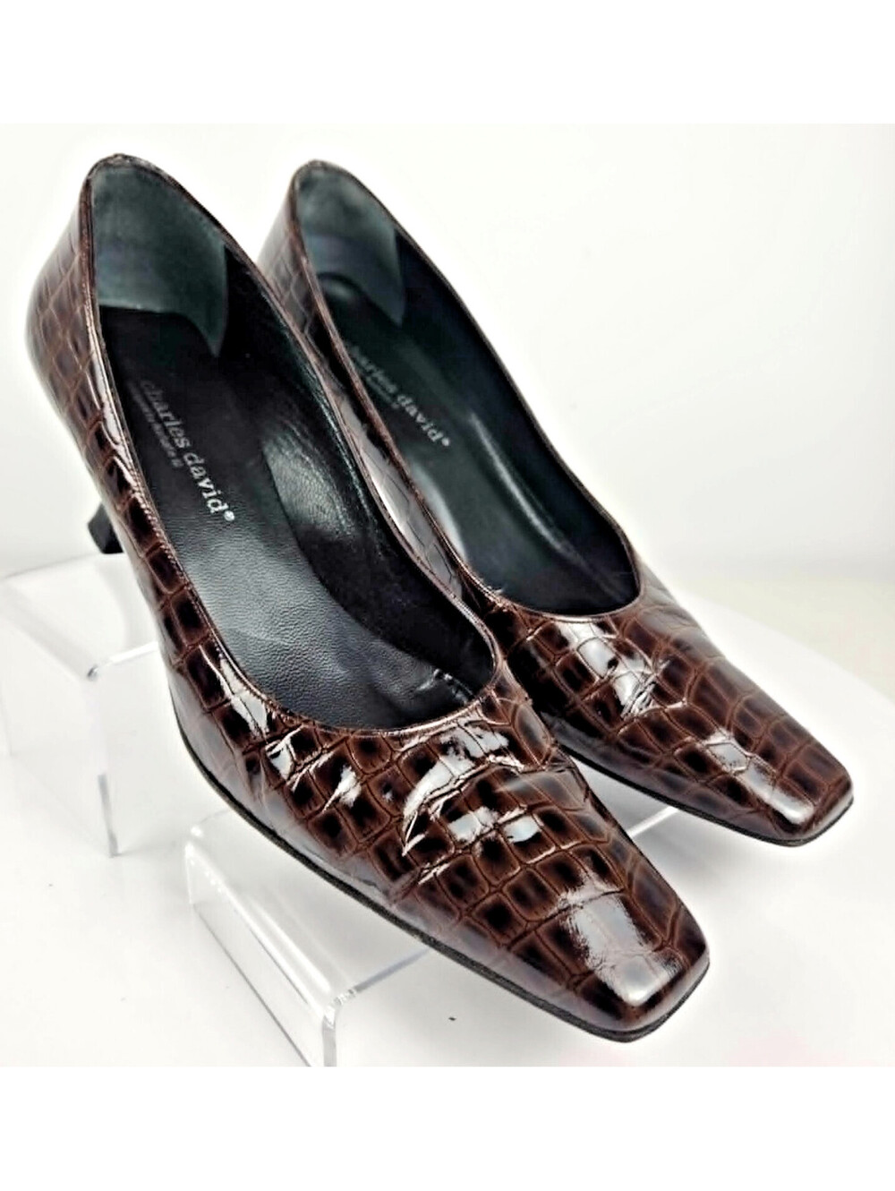 Charles David Brown Croc Embossed Leather Square Toe Pumps Womens 10B Vintage